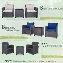 Gymax 3PCS Outdoor Patio Rattan Conversation Set W/ Beige & Navy Cushion