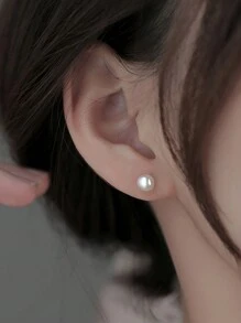 ELSEDES 1pair Fashionable Simple S925 Silver With White Faux Pearl Inlay Stud Earrings, Enhancing Delicate And Sophisticated Style, Suitable For Women's Daily, Work And Party Outfit Wedding Jewelry Bridal Jewelry