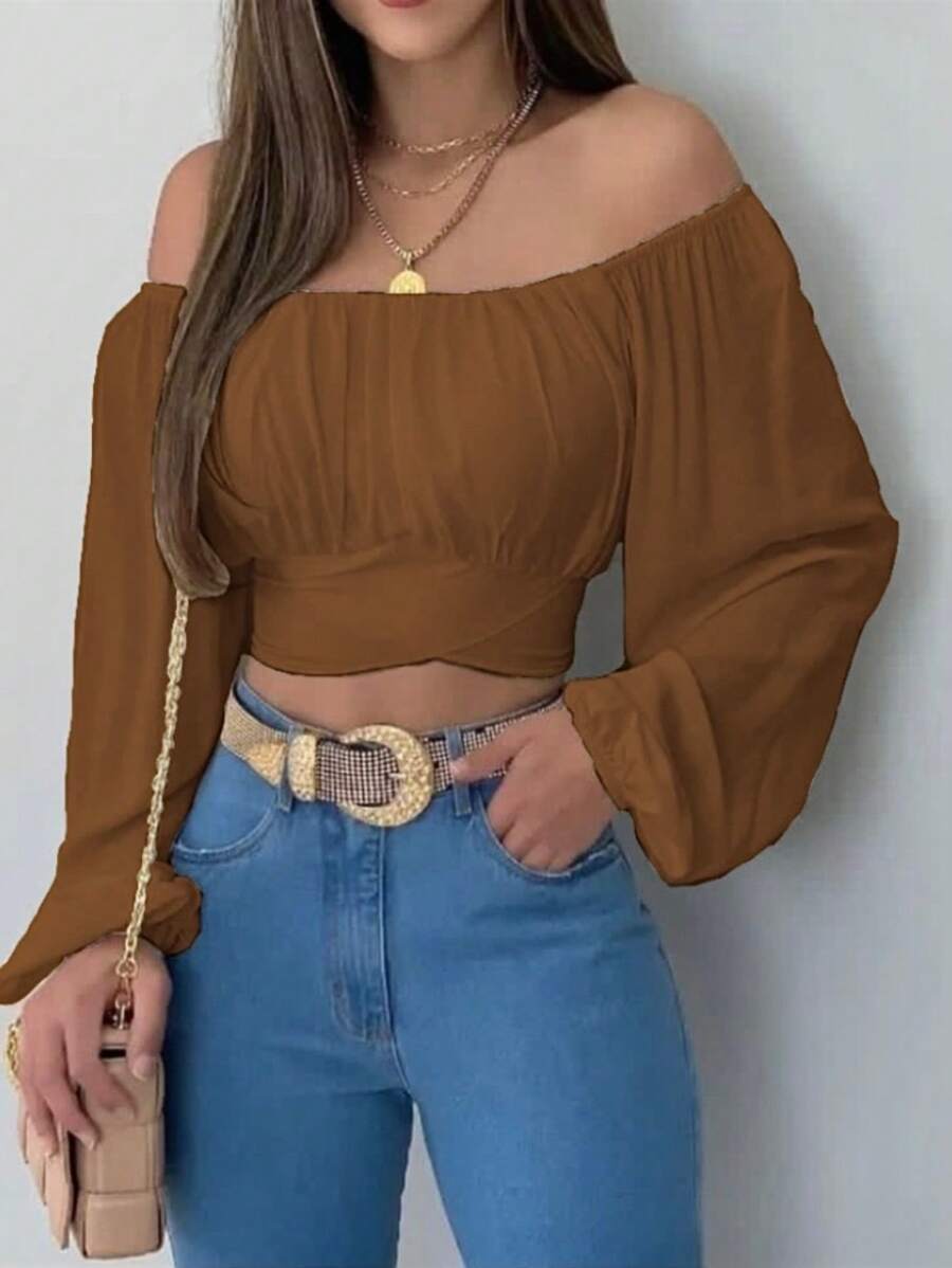 Blusa Crop campesina pecho fruncido con cinta de amarre trasera - Marrón - Ver 1