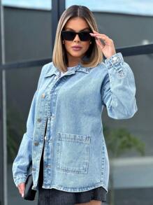 The lemon 8186 jaqueta jeans feminina casaco blusa casaco bulsas feminina manga longa 8186 - Lavagem Média - Visão 3