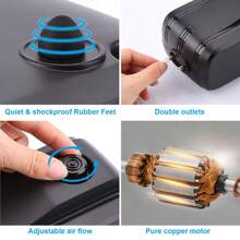 Aquarium Air Pump, Adjustable Air Pump With Dual Outlet, Air Stones & Silicone Tubes, Low Noise Fish Tank Oxygen Pump For Aquariums, Fish Tanks, Seafood Ponds - Black - View 2
