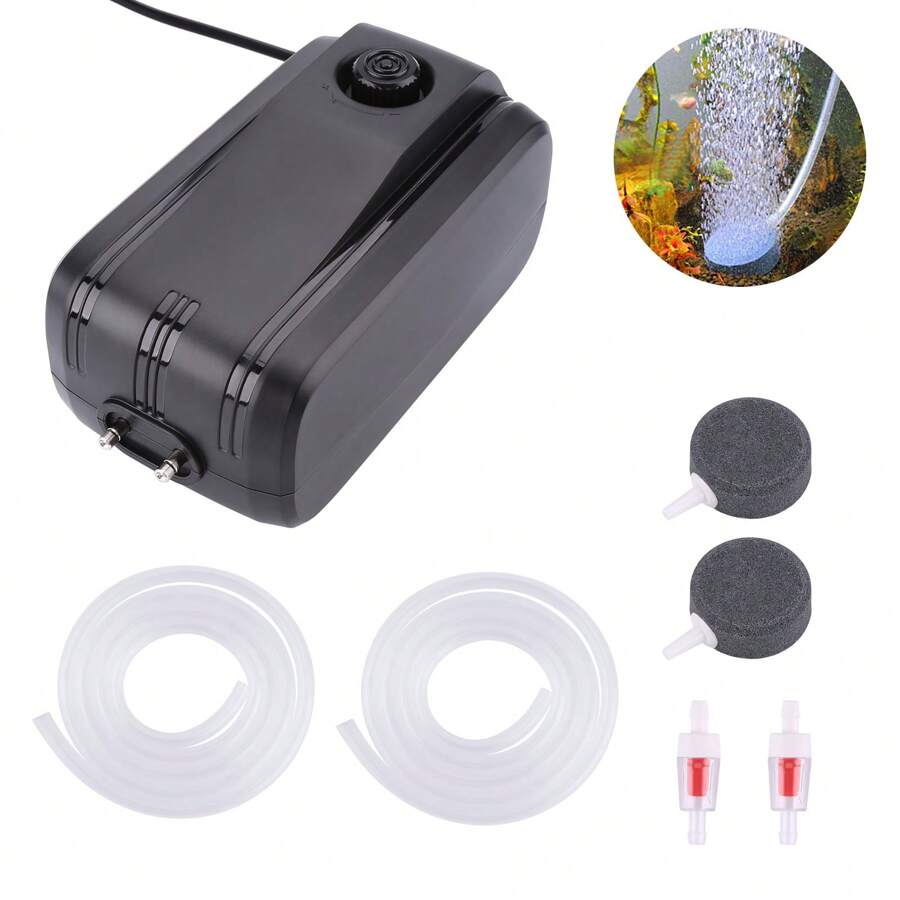 Aquarium Air Pump, Adjustable Air Pump With Dual Outlet, Air Stones & Silicone Tubes, Low Noise Fish Tank Oxygen Pump For Aquariums, Fish Tanks, Seafood Ponds - Black - View 1