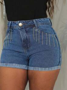 Women Denim Shorts - 中等水洗藍 - 查看 6