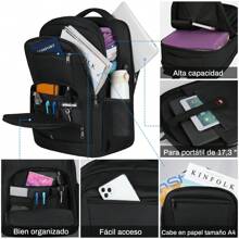 Mochila para laptop 17.3 pulgadas Impermeable, Mochila de Viaje Gran capacidad, mochilas con Puerto de Carga USB, mochilas para hombre, Trabajo, Viaje, Negro, Azul - Negro - Ver 2