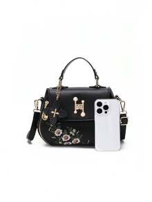 Floral Embroidery Flap Square Bag, Mother's Day Gift For Mom - Black - View 6