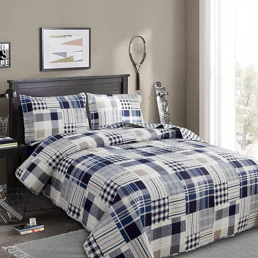 Plaid Bedding Quilts Lightweight Patchwork Quilt Set Classic Buffalo Check Bedspread Breathable Coverlet Geometric Bed Set Plaid Home Decor - 藏蓝色 - 查看 1