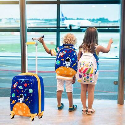 Children's Suitcase With Backpack, Kids Trolley, Children's Luggage With Wheels, Travel Suitcase With Telescopic Handle, Hard Case For Children, Children's Trolley Choice Of Colors (12"+18", Astronauts)