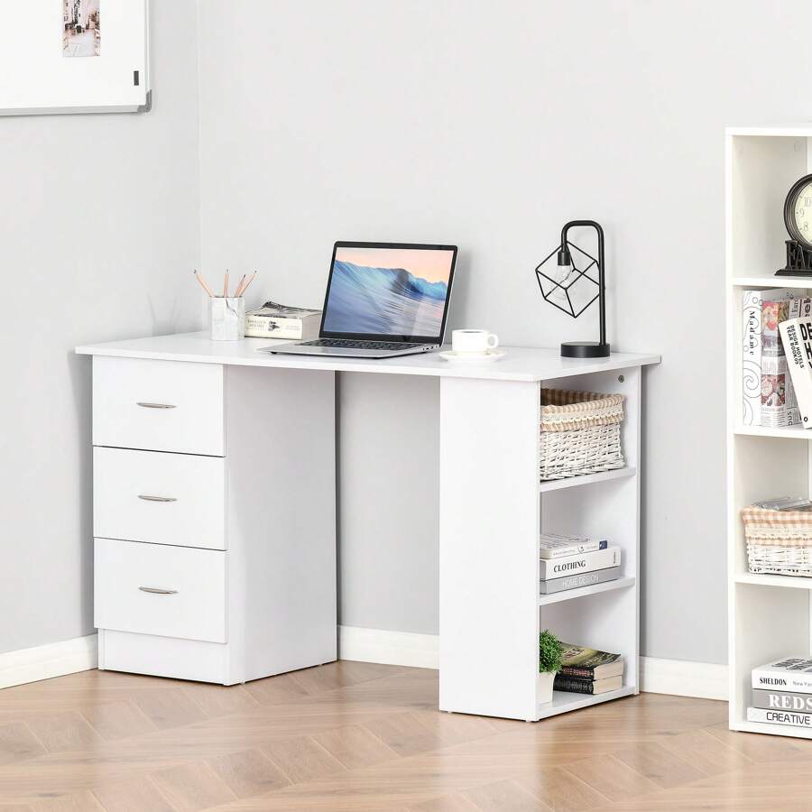HOMCOM 120cm Computer Desk, Writing Table, PC Workstation With 3 Storage Shelves And Drawers