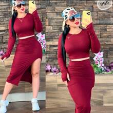 Conjunto femenino dos piezas top manga larga y falda midi - Burdeos - Ver 1