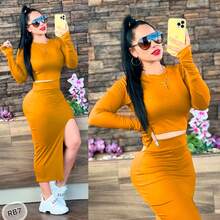 Two Piece Set Long Sleeve Top Skirt - Yellow - View 3