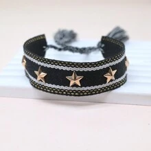 1條手工編織友誼手鍊,具有鉚釘五角星設計,適合日常佩戴和節日禮物 - 黑色 - 查看 2