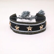 1條手工編織友誼手鍊,具有鉚釘五角星設計,適合日常佩戴和節日禮物 - 黑色 - 查看 6