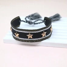 1條手工編織友誼手鍊,具有鉚釘五角星設計,適合日常佩戴和節日禮物 - 黑色 - 查看 5