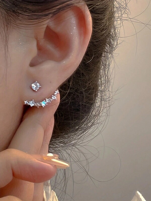 Ensemble De 2 Pièces De Boucles D'oreilles Clous En Strass Simples À Porter À L'avant Et À L'arrière Pour Femmes, Convient Pour Les Vacances, Les Rendez-vous, Les Cadeaux Et Le Port Quotidien