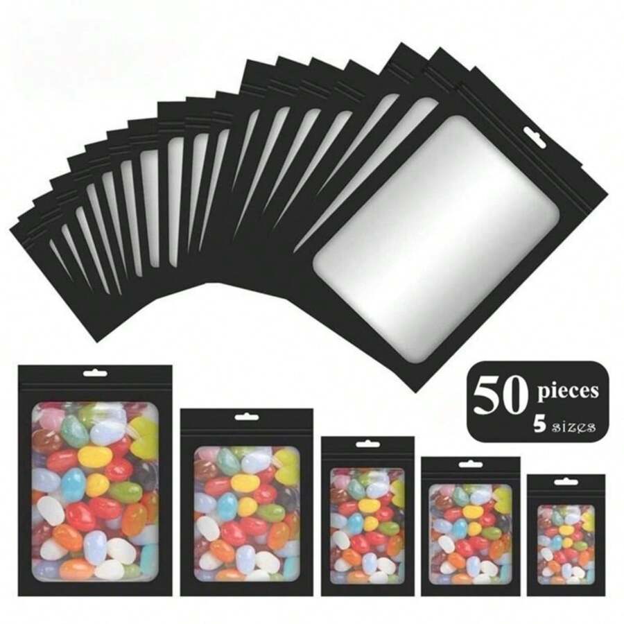 50 cái Có thể khóa lại được Polyester Phim ảnh Tự niêm phong Cái túi , Đồ trang sức , Hộp Đựng Thực Phẩm , bao bì , Chống mùi hôi Với Treo Lỗ - màu đen - Xem 1