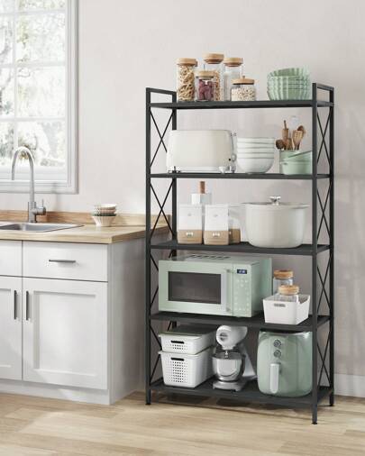 SONGMICS 5-Tier Metal Storage Shelves, Kitchen Organization And Storage Rack, Shelf Organizer, Shelving Unit With X Side Frames, Dense Mesh, Sturdy And Durable, 12.6 X 31.5 X 57.3 Inches, For Entryway, Kitchen, Living Room, Bathroom, Industrial Style, Black