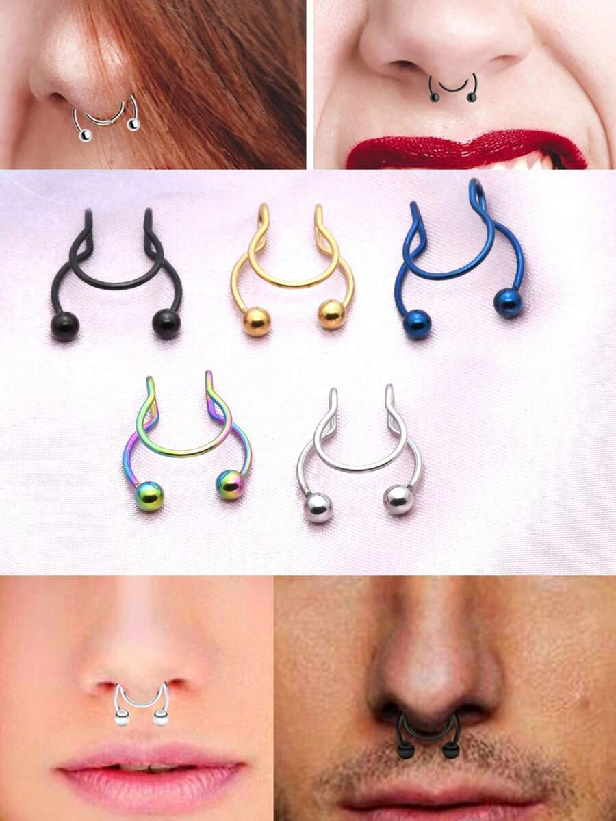 1pc Stainless Steel U-Shaped Fake Non-Piercing Nose Ring, Hinge Segment Ring, Double Layer Hinged Ball Nose Hoop For Men Women Daily Wear - Silver - View 1