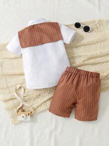 Camisa Listrada De Manga Curta E Shorts Para Menino Jovem De Verão, Estilo Universitário, Com Cachecol De Xaile Listrado, Adequado Para Apresentação De Jardim De Infância