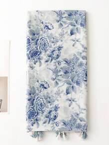 波西米亚风单件印花丝巾，女士春夏真丝围巾，防晒保暖，时尚长围巾，百搭披肩配饰 - 藍白色 - 查看 4