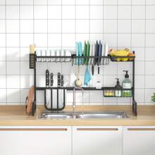 Over Sink Dish Rack: 86-103 Cm Adjustable Large Dish Drainer Stand 2 Tier Steel Stainless Dish Drying Holder With 7 Detachable Function Baskets And 5 Hooks For Kitchen Storage Organization - Black - View 7