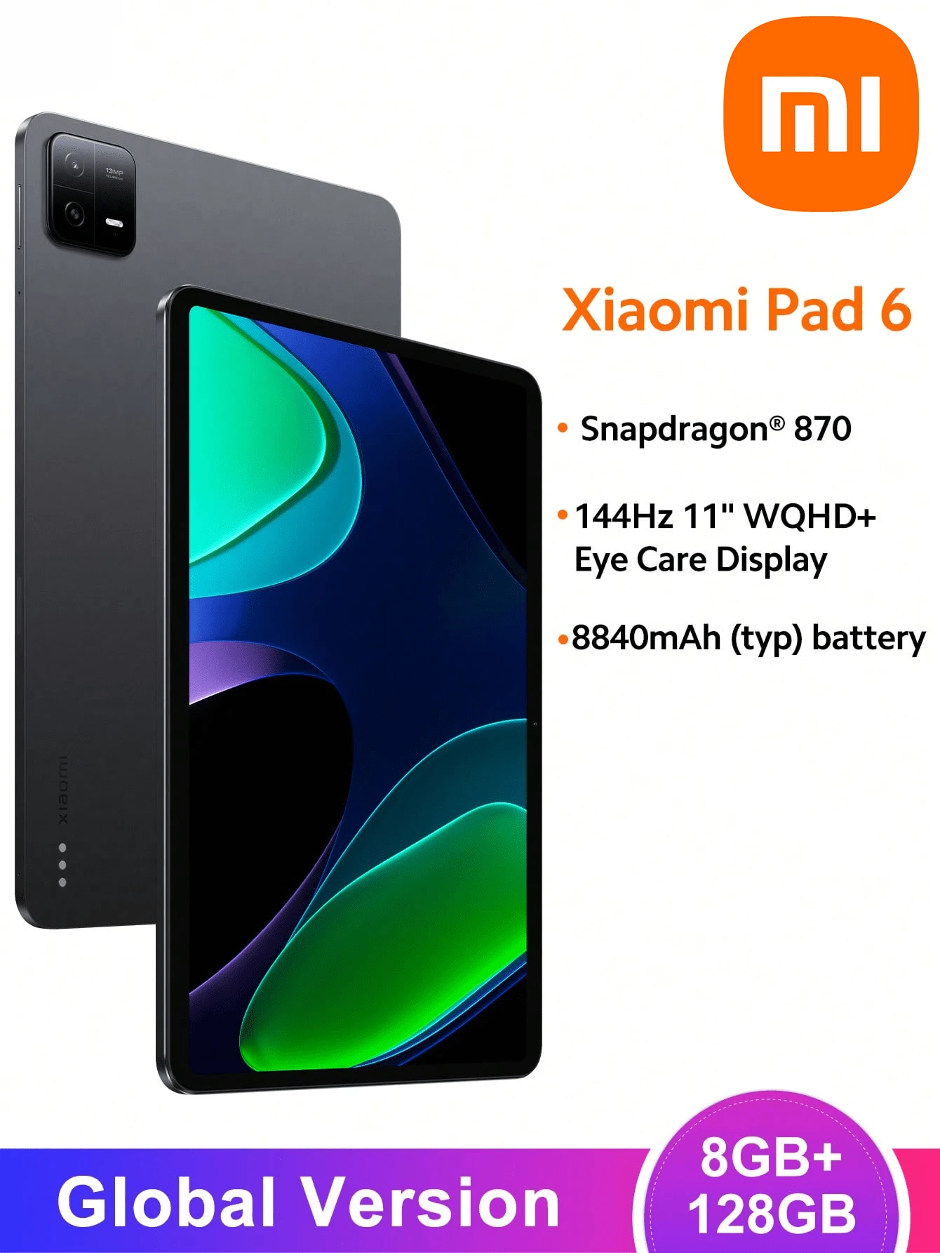 Xiaomi 全球版 Pad 6 8+128GB 灰色 Snapdragon 870 平板电脑 11 英寸 144Hz WQHD+ 显示屏 33W 快速充电 8840mAh 电池 13MP 摄像头