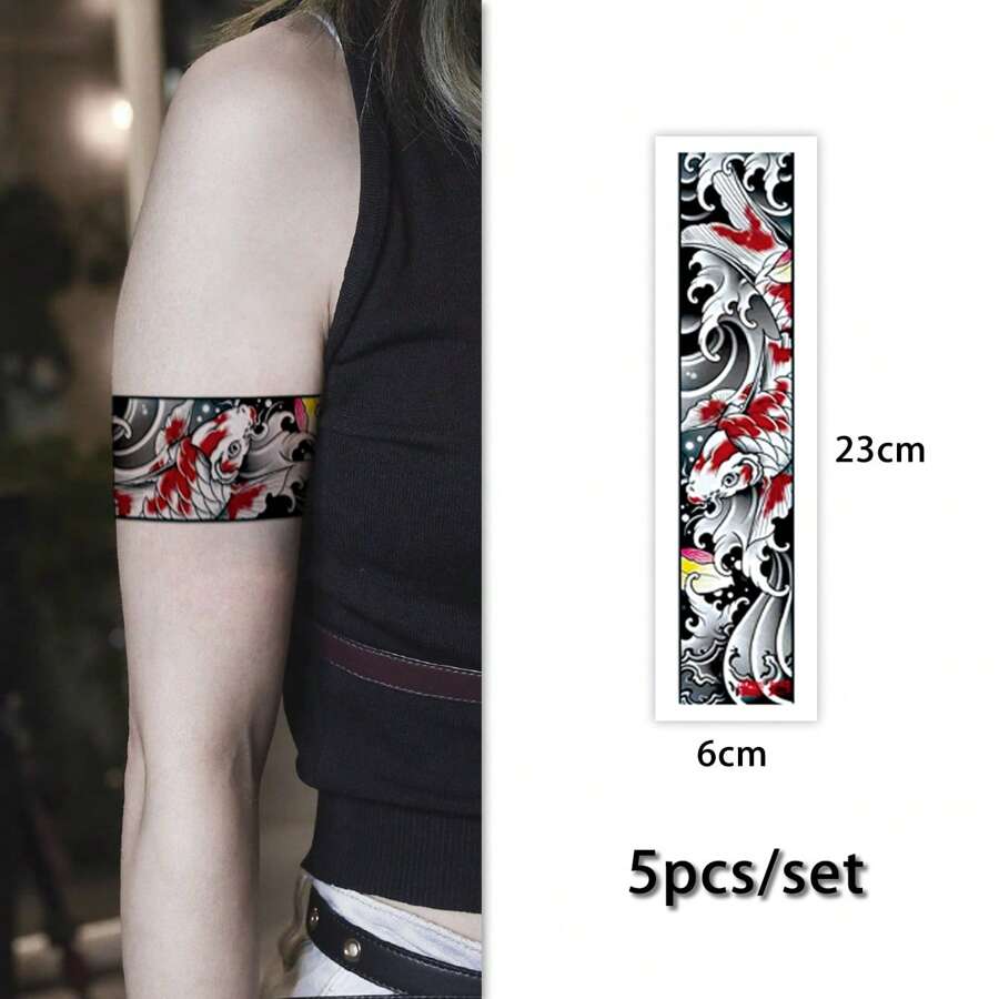 AQ STICKERS 5張老派風格的波浪和錦鯉暫時性刺青貼紙,適用於手腕、手臂、腿部和身體