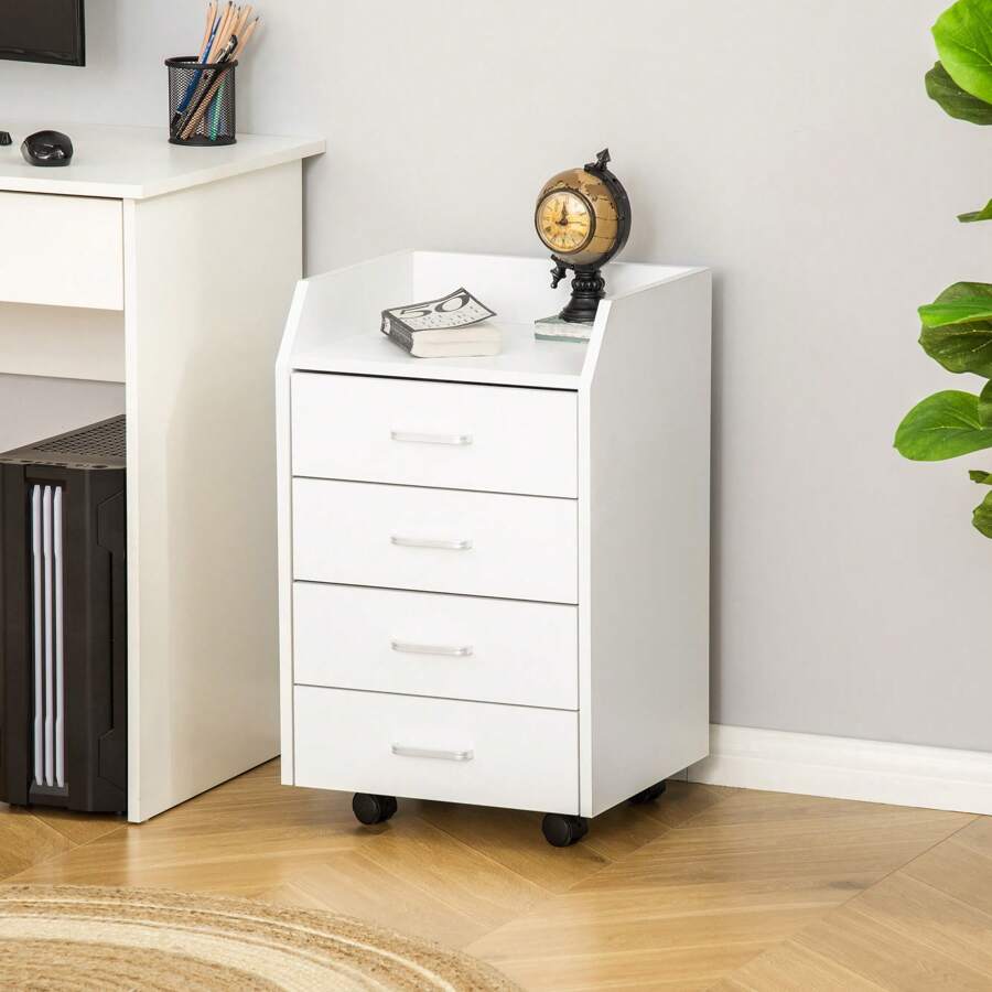 Vinsetto Cajonera de Oficina Mueble Auxiliar para Archivos con 4 Cajones Encimera Superior de Almacenaje 4 Ruedas y 2 Frenos para Estudio Despacho 40x36x65 cm - Blanco - Ver 1