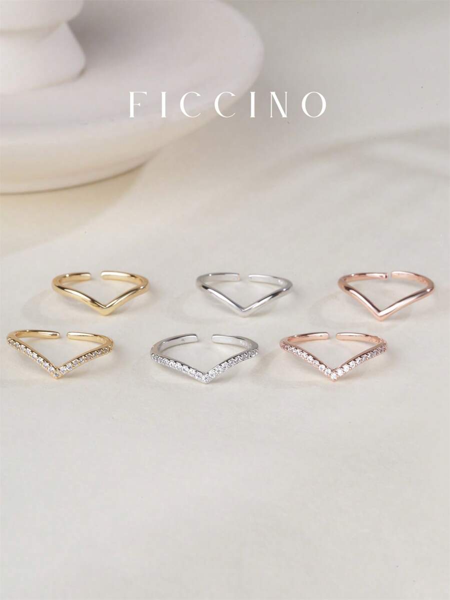 FICCINO Ficcino Adjustable Gold Plated & Platinum Plated V Shape Rose Gold Ring With Cubic Zirconia, Great Anniversary Gift With Jewelry Box