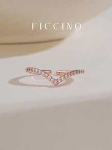 FICCINO Ficcino Adjustable Gold Plated & Platinum Plated V Shape Rose Gold Ring With Cubic Zirconia, Great Anniversary Gift With Jewelry Box