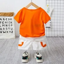 PatPat Young Boy 2pcs Letter Print Tee And Shorts Set - Orange - View 2
