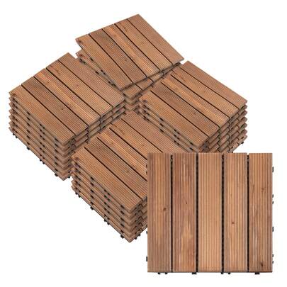 Outsunny 27 Pcs Solid Wood Interlocking Decking Tiles For Patio, Balcony, Roof Terrace, Hot Tub, Brown, (30 X 30 Cm Per Piece)