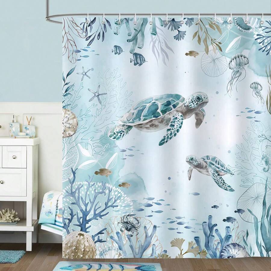 Sea Turtle Shower Curtain For Bathroom Teal Blue Ocean Beach Coastal Decorative Bath Curtain 71 X 71 Inch Polyester Fabric Waterproof Bathroom Curtain With 12 Hooks Home Bathroom Decor Fall Decor Bathroom Accessories Back To School - Green - View 1