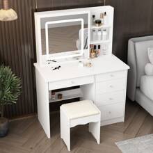Large Vanity Set Makeup Vanity Dressing Table With Sliding Lighted Mirror, 5 Drawers & Shelves, Dresser Desk And Cushioned Stool Set