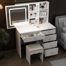 Large Vanity Set Makeup Vanity Dressing Table With Sliding Lighted Mirror, 5 Drawers & Shelves, Dresser Desk And Cushioned Stool Set