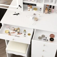Large Vanity Set Makeup Vanity Dressing Table With Sliding Lighted Mirror, 5 Drawers & Shelves, Dresser Desk And Cushioned Stool Set