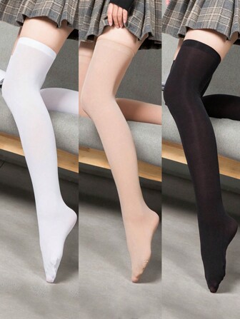 3pairs/Set Women's Velvet Over The Knee Thin Socks In Black, White And Skin-Color, Fashionable And Versatile Long Tube Stockings, Y2k, Cozy