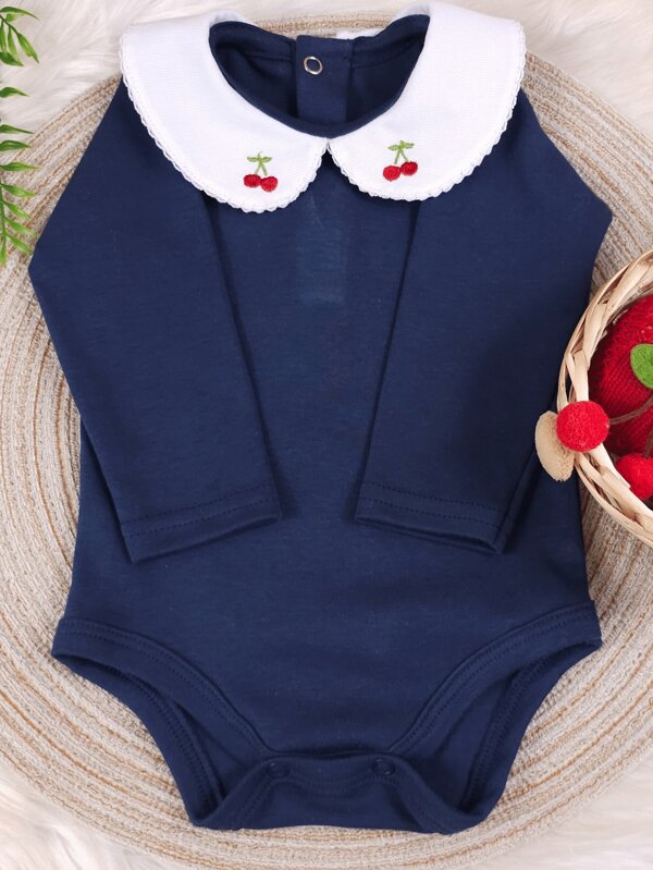 Pure & Posh Baby Body Bebê Menina Gola Bordada Com Linda Cerejinha Manga Longa Marinho