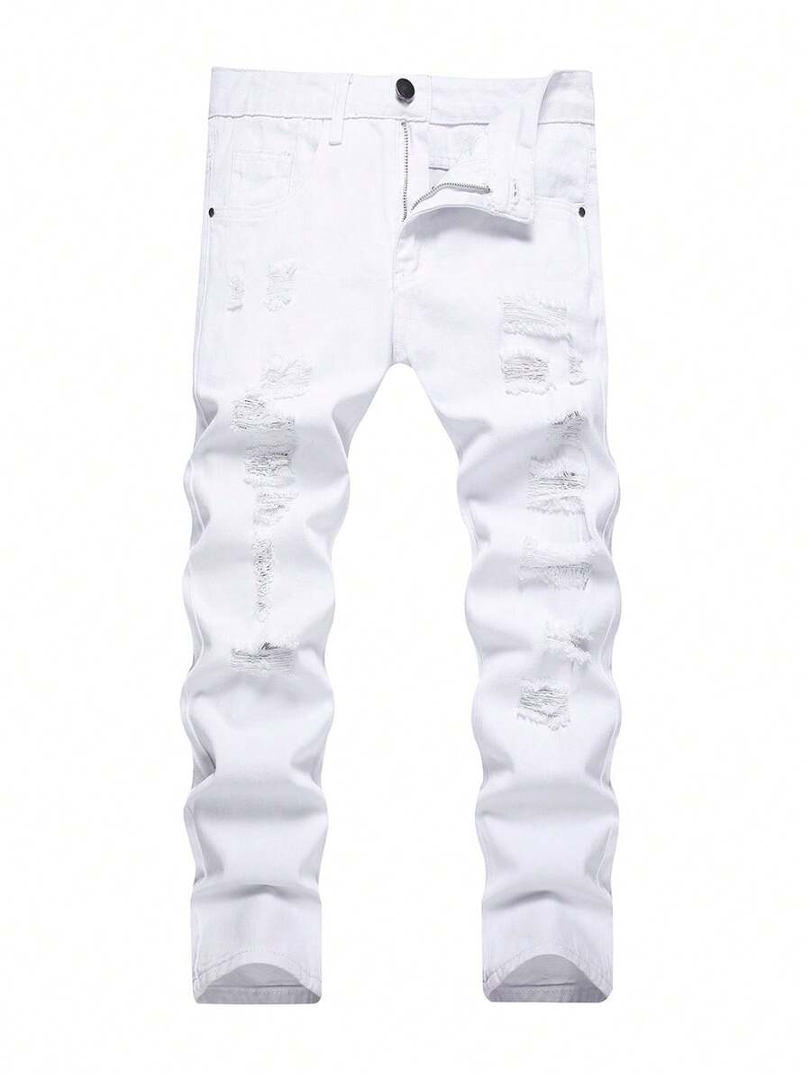 Tween Boy White Distressed Straight Jeans - White - View 1