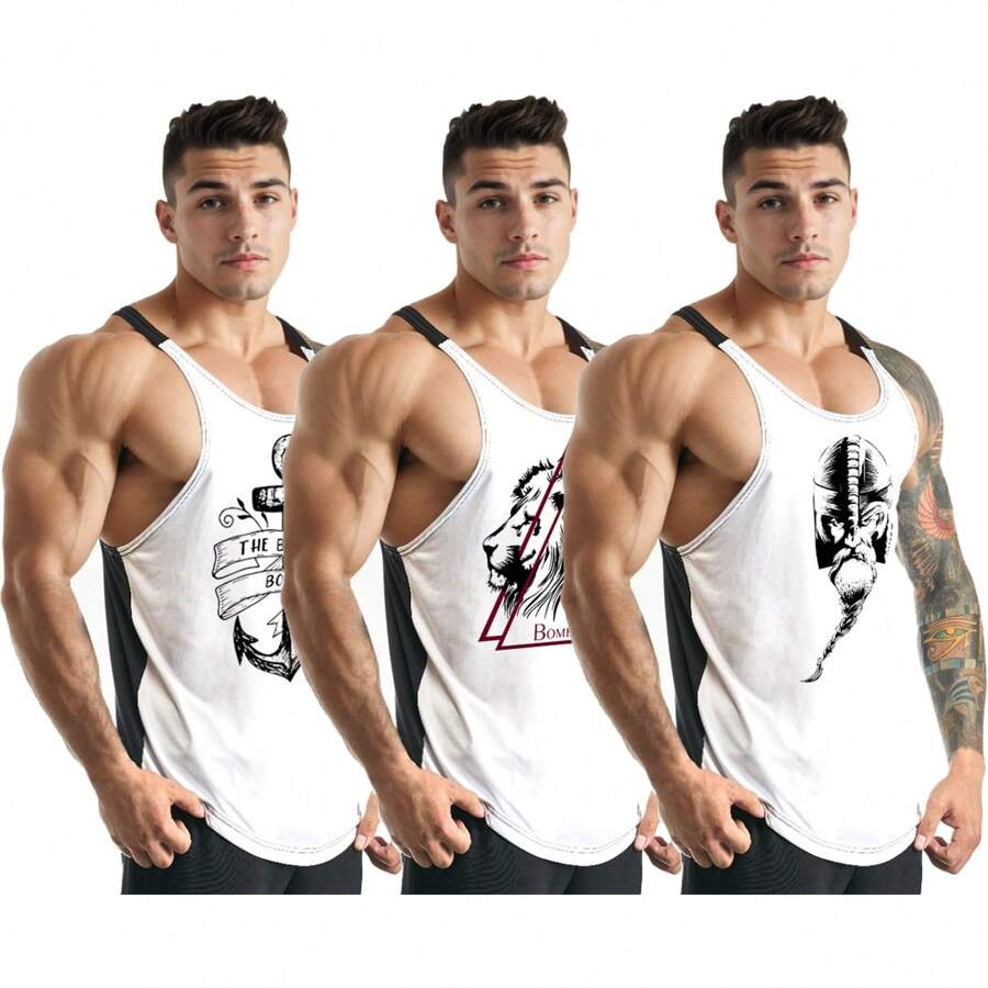 Kit 3 Camisetas Regata Masculina Cavada em Dry para Academia Estampa Viking + Triangle Lion + Anchor - Bombey