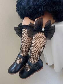 1pair Girls' Pearl & Bowknot Decor Fishnet Stockings - Black - View 2