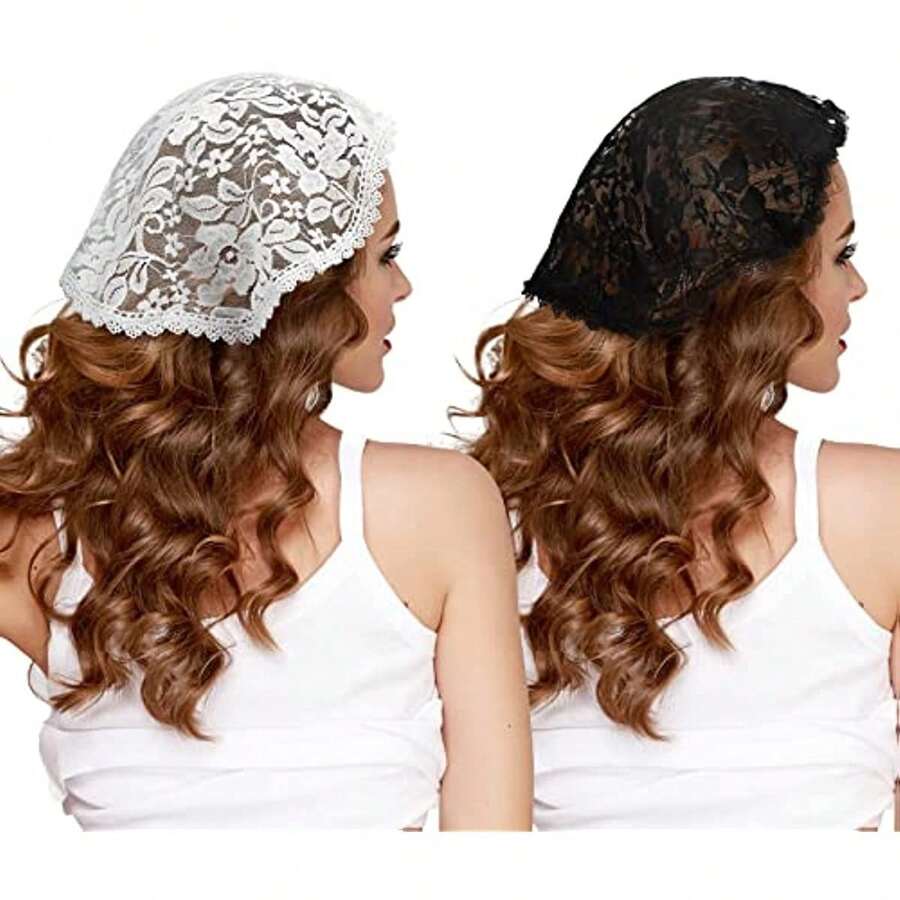 2 Piezas Velo De Flores Con Bordado De Encaje Gorra Iglesia,Capilla Cap Velo Encaje Headcover para Mujer Iglesia Mantilla Velo,2 velos florales de encaje para cubrir la cabeza latina mass Mantilla velos cortos para mujeres de novia - blanco+negro - Ver 1