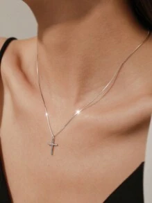 1pc Fashionable High-End S925 Silver Cross Pendant Necklace, Suitable For Women's Daily Outfit - Silver - View 2