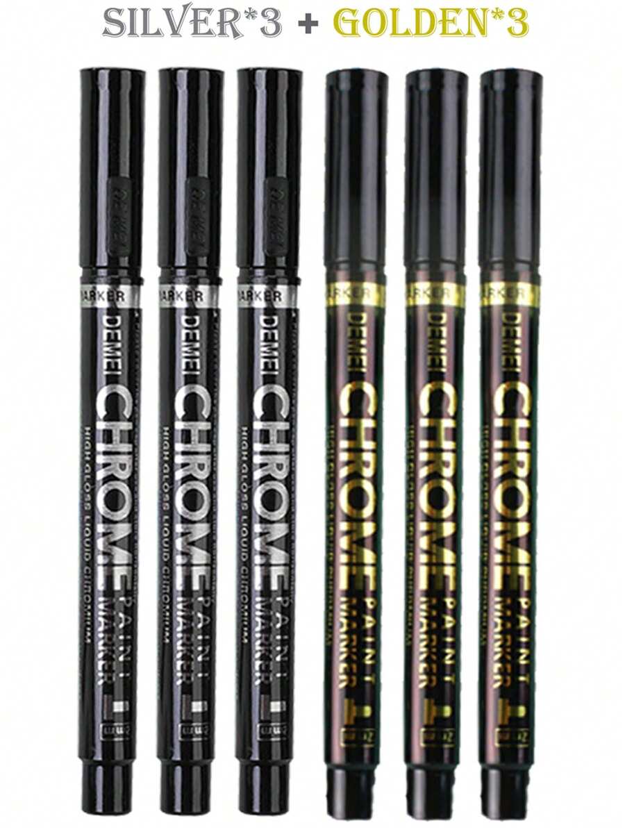 6Pcs/Set 2mm Electroplating Mirror Silver/Golden Liquid Reflective Paint Pen Hand-Repair Chrome-Plated Metal Waterproof Tire Ceramic Touch-Up Paint - Multicolor - View 1