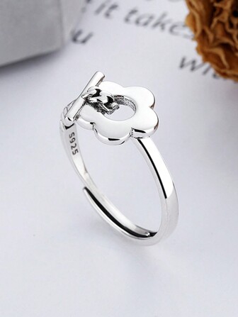 1 pieza Anillo de cadena con hebilla de flor de estilo coreano de plata de ley 925, ajustable, adecuado para parejas y uso diario, San Valentín