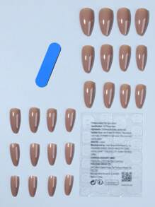 24入組長杏仁形棕色假指甲套裝，貼合度完美的壓克力假指甲修甲套件，美甲用品