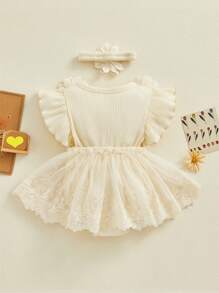 Newborn Baby Girl Cute Short Sleeve Mesh 3D Flower Ruffle Tutu Bodysuit Dress With Headband Sets