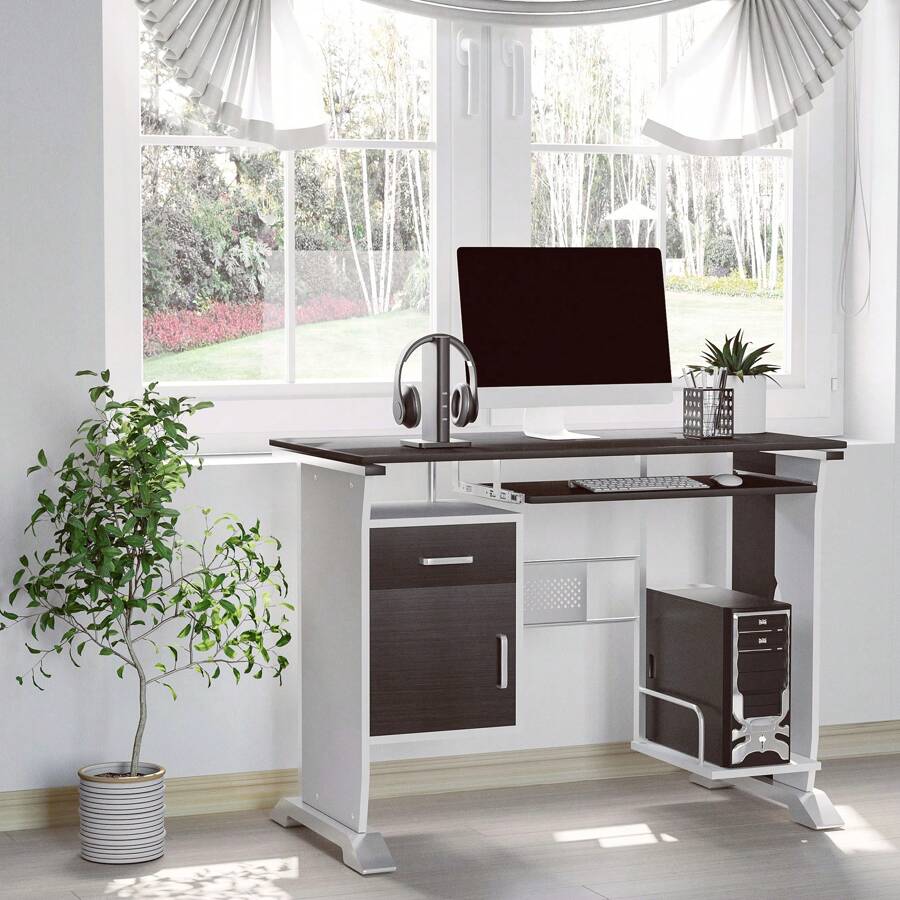 HOMCOM Computer Desk With Sliding Keyboard Tray Storage Drawers And ...