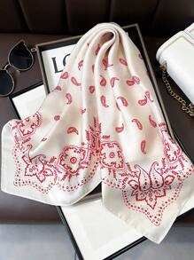 1pc Faux Silk Paisley Print 70cm Small Square Scarf, New Spring/Summer Bandana For Women, Versatile Waist Belt, Bag/Hair Accessory, Fashion Head Wrap, Neckerchief - Red and White - View 2