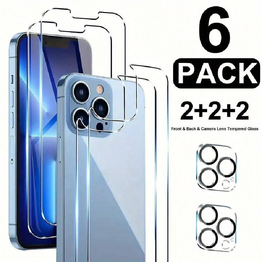 Bộ bảo vệ màn hình kính cường lực độ phân giải cao 6in1 White Edge, bao gồm miếng dán mặt sau toàn màn hình, tương thích với dòng iPhone 11-15 Pro Max, ngăn ngừa trầy xước trên ống kính điện thoại và nắp lưng - Trong sáng - Xem 1