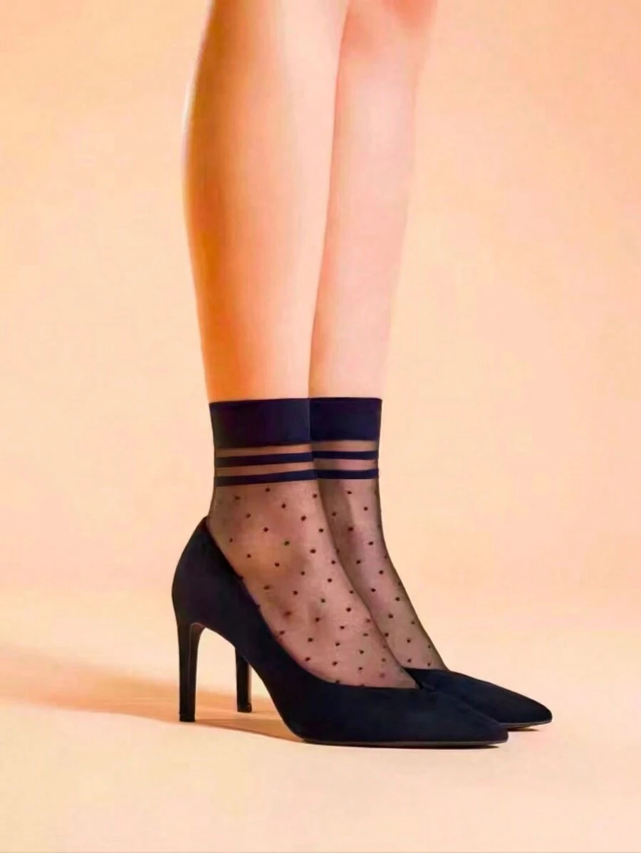 10 pares de calcetines de cristal de lunares ultra transparentes duraderos para mujer para uso diario - Negro - Ver 1